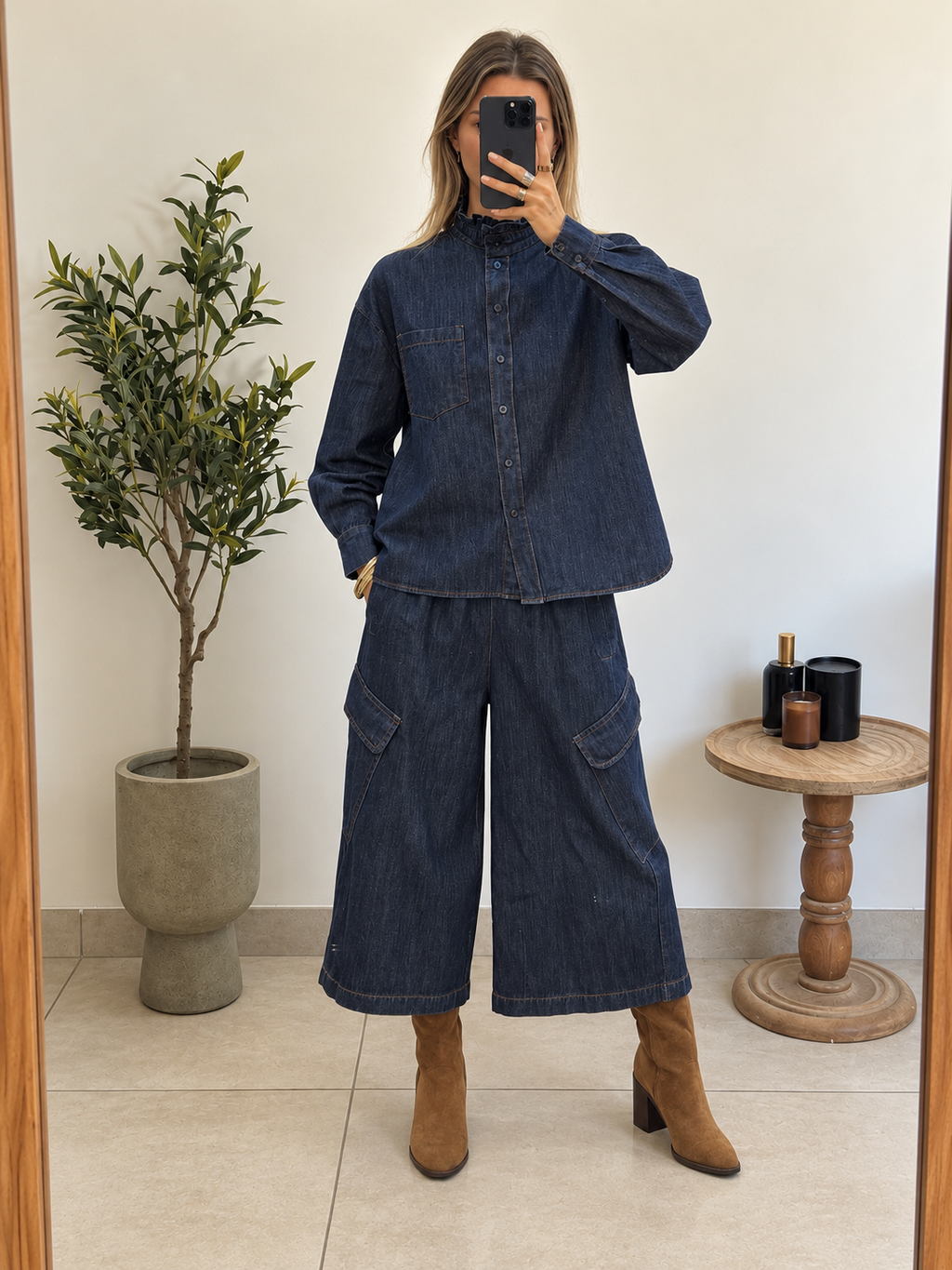Jupe-culotte cargo en jean brut