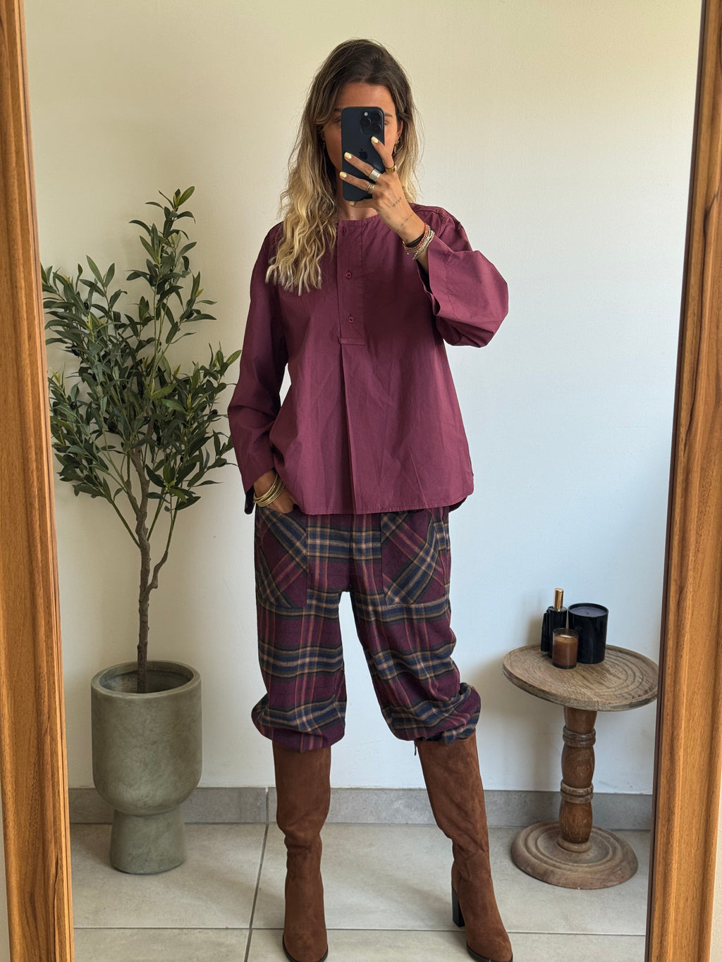 Pantalon à carreaux bordeaux femme coupe droite