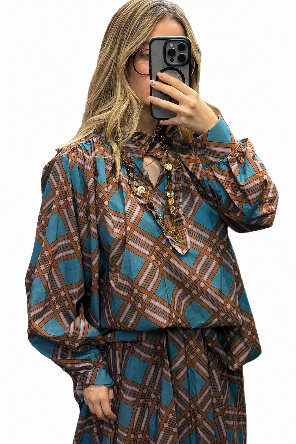 Blouse femme oversize à imprimé géométrique bleu canard