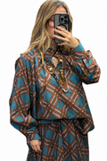 Blouse femme oversize à imprimé géométrique bleu canard