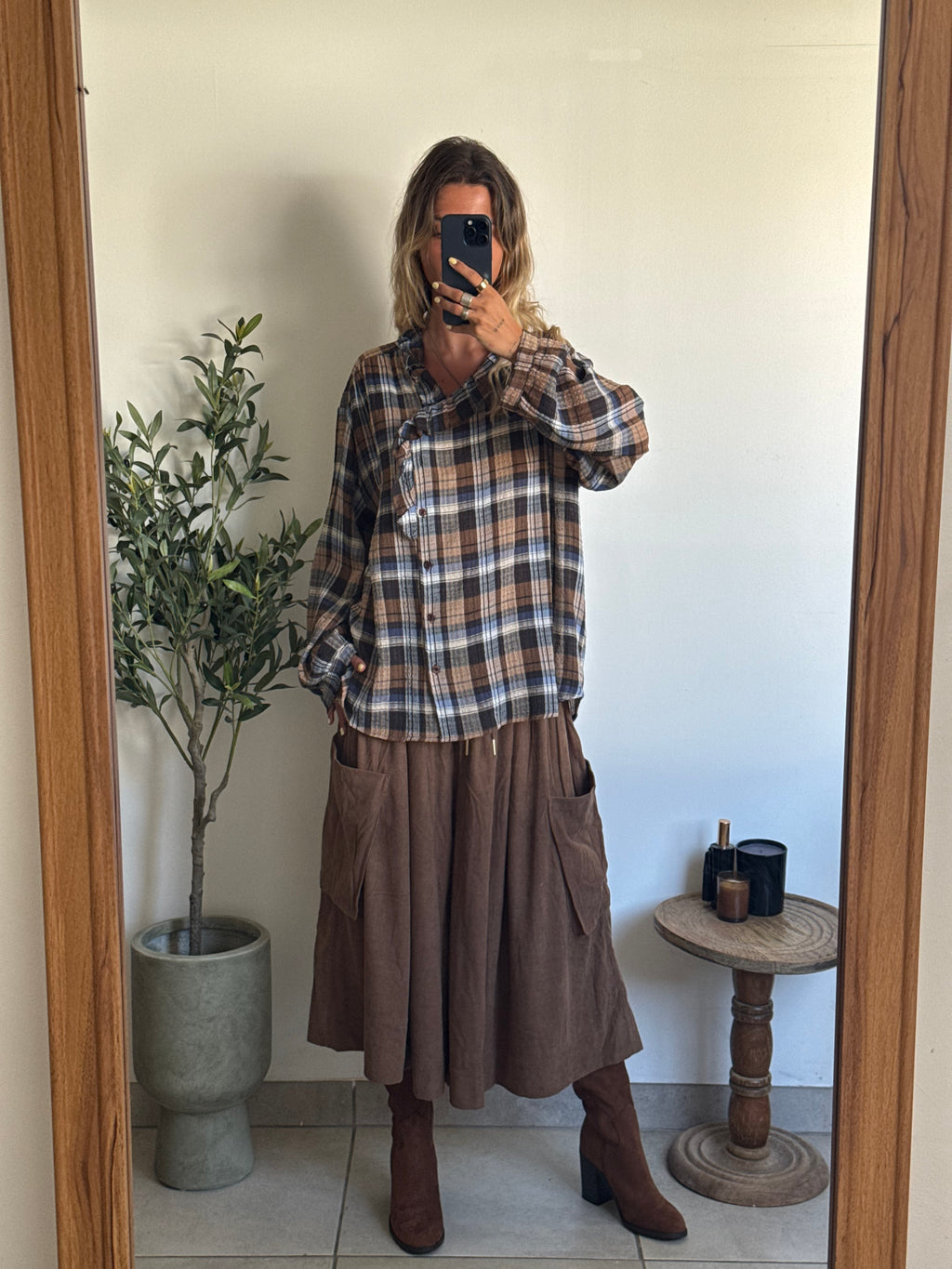 Chemise femme oversize à carreaux bleu et marron