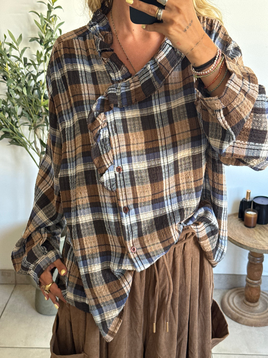 Chemise femme oversize à carreaux bleu et marron