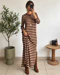 Robe longue Isaline – Rayée Chocolat & Doré