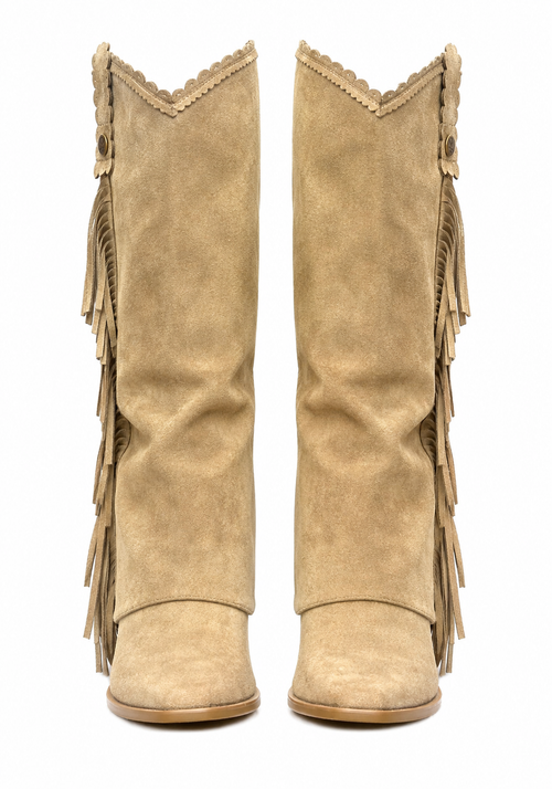 Bottes hautes beige effet daim à franges – style western