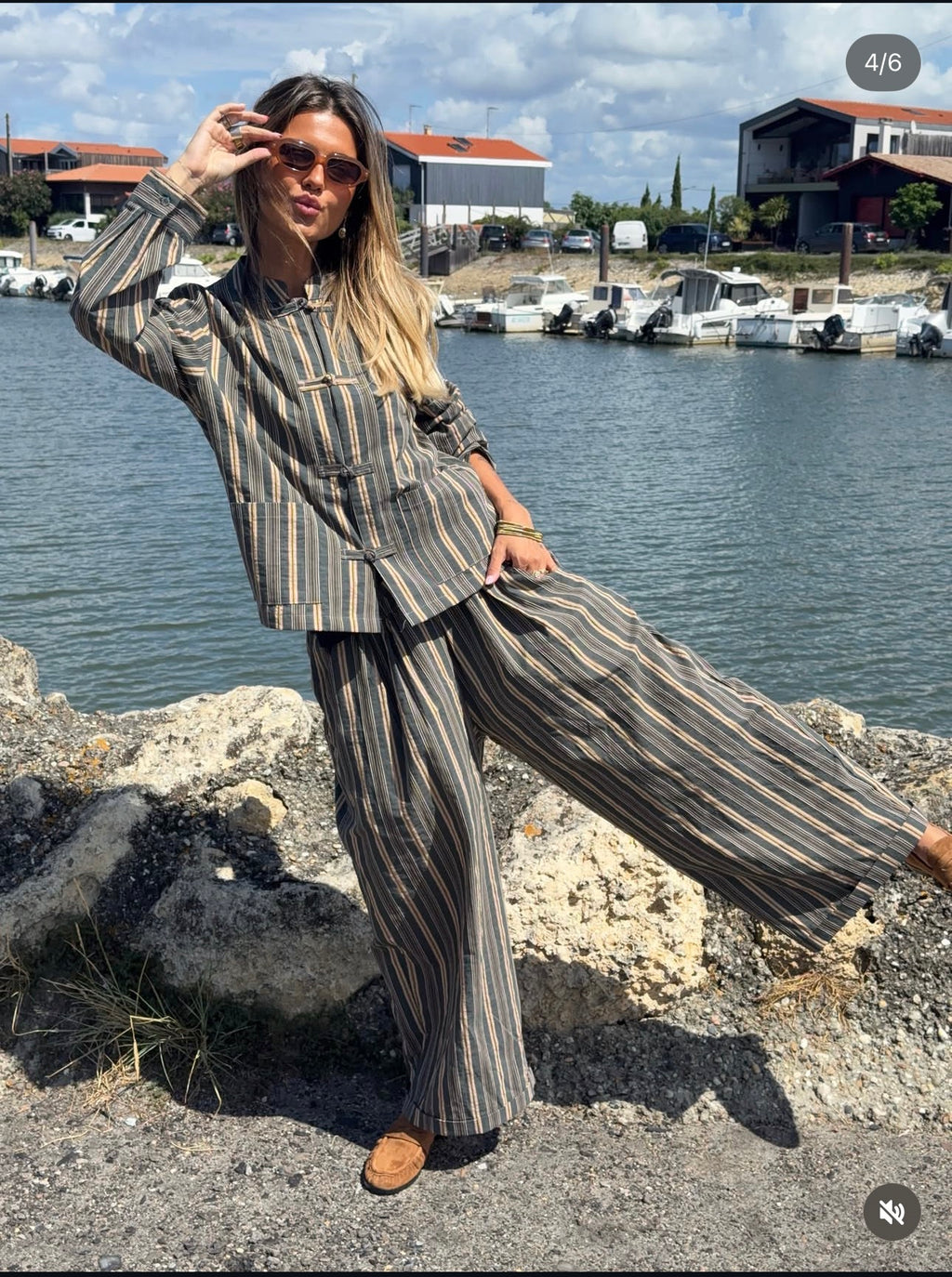 Pantalon large rayé kaki