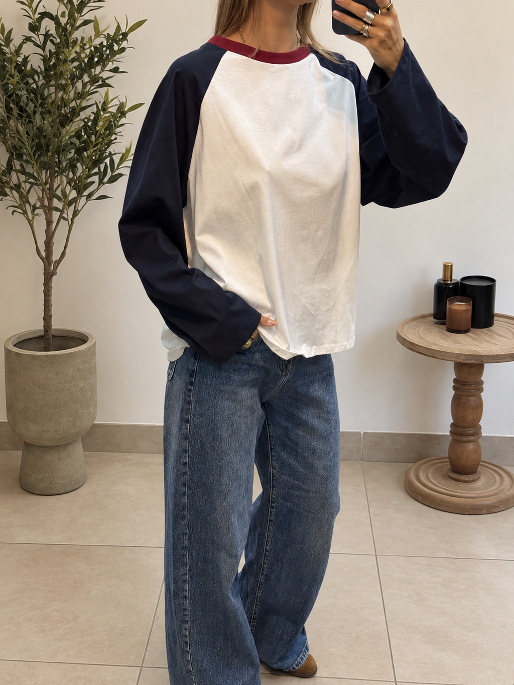 T-shirt Tessia femme à col rond bordeaux et manches raglan