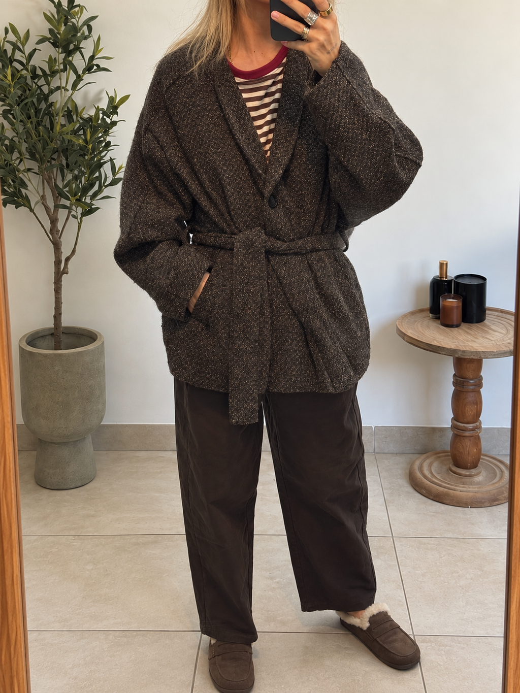 Veste Jolène chocolat chiné à col tailleur et ceinture