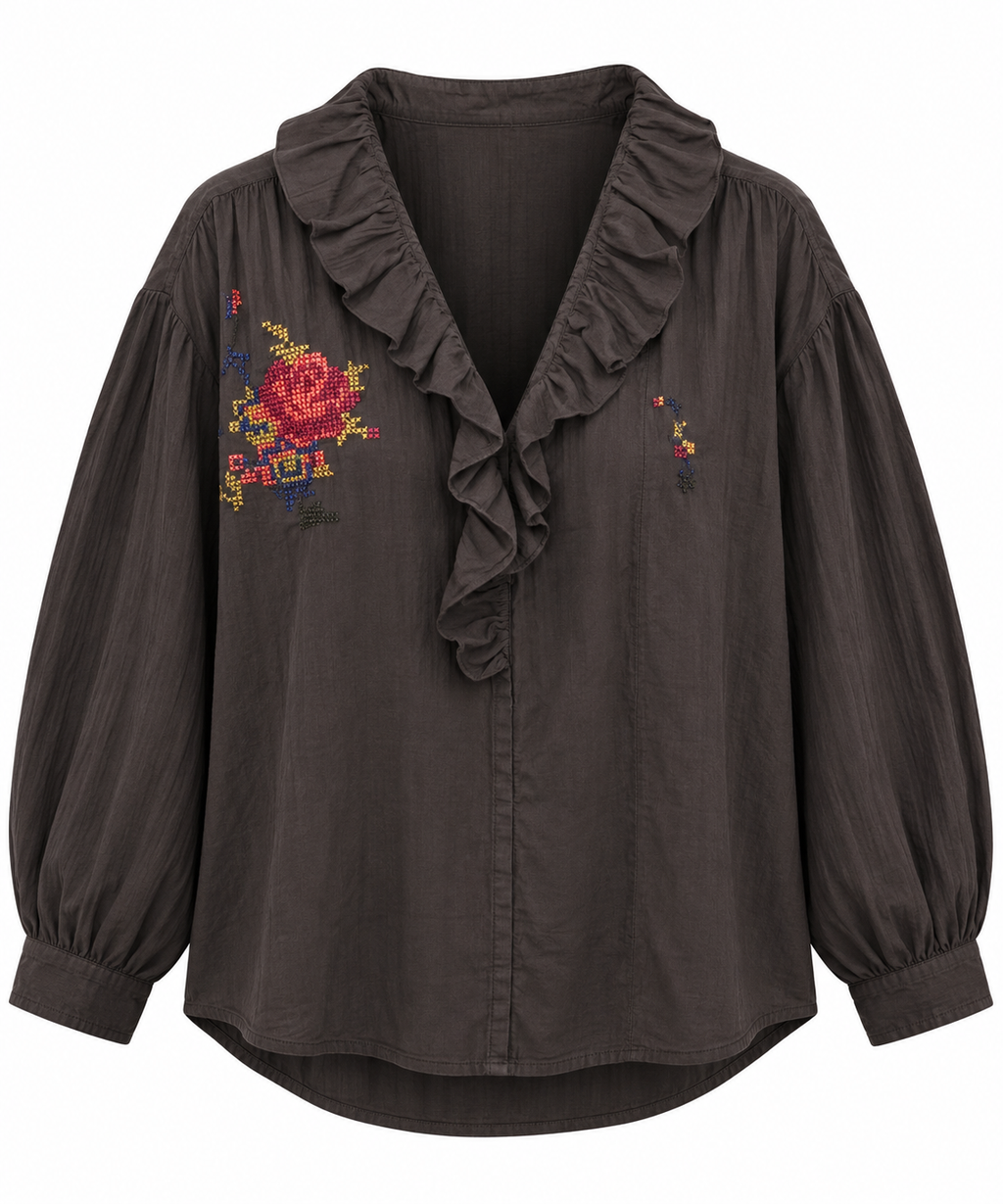 Blouse noire femme à volants et broderies colorées