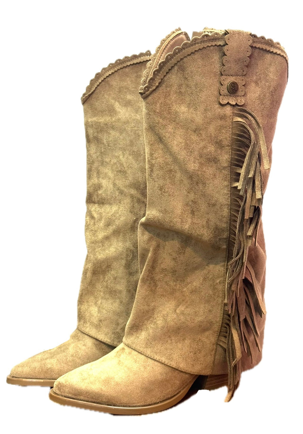 Bottes hautes beige effet daim à franges – style western