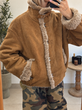 Veste Azélie camel effet suédine et bordures en fausse fourrure