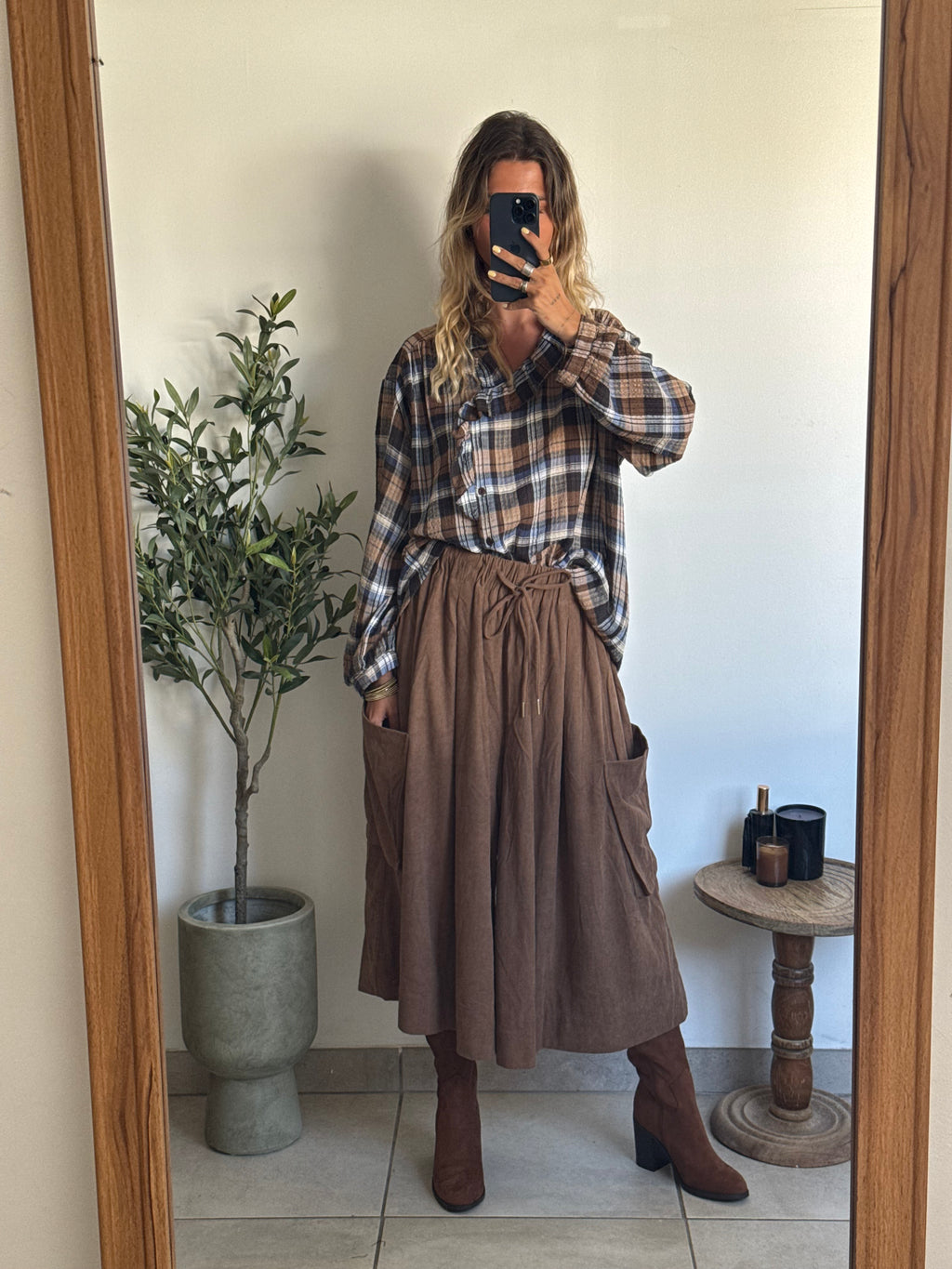 Chemise femme oversize à carreaux bleu et marron