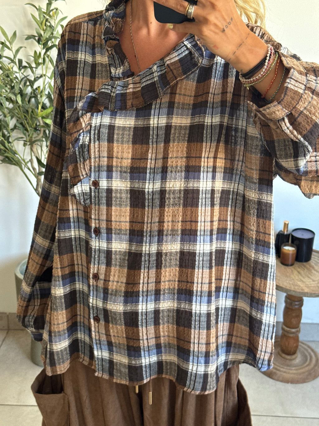 Chemise femme oversize à carreaux bleu et marron