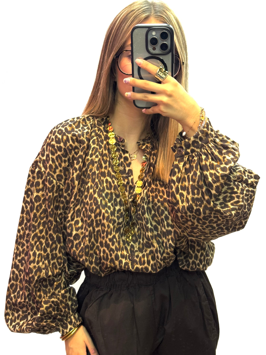 Chemise léopard femme à manches bouffantes