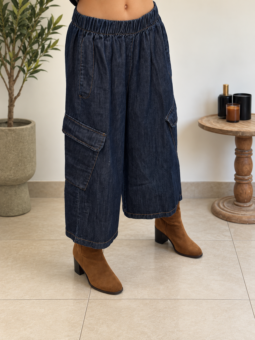 Jupe-culotte cargo en jean brut