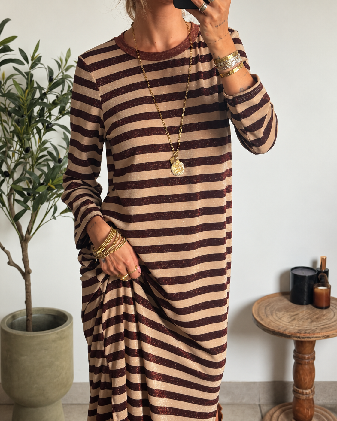 Robe longue Isaline – Rayée Chocolat & Doré