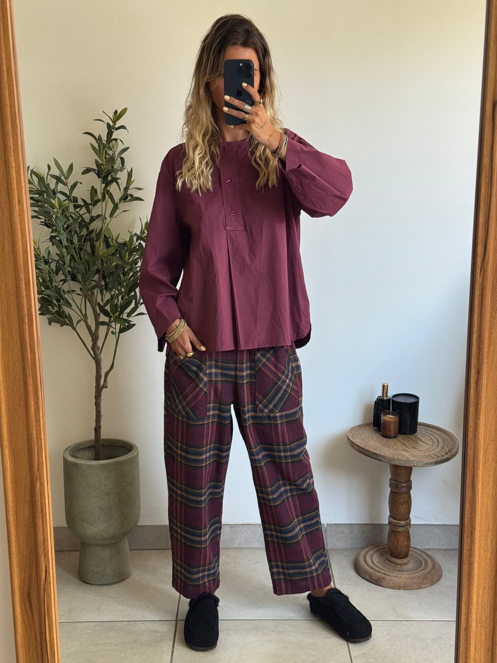 Pantalon à carreaux bordeaux femme coupe droite