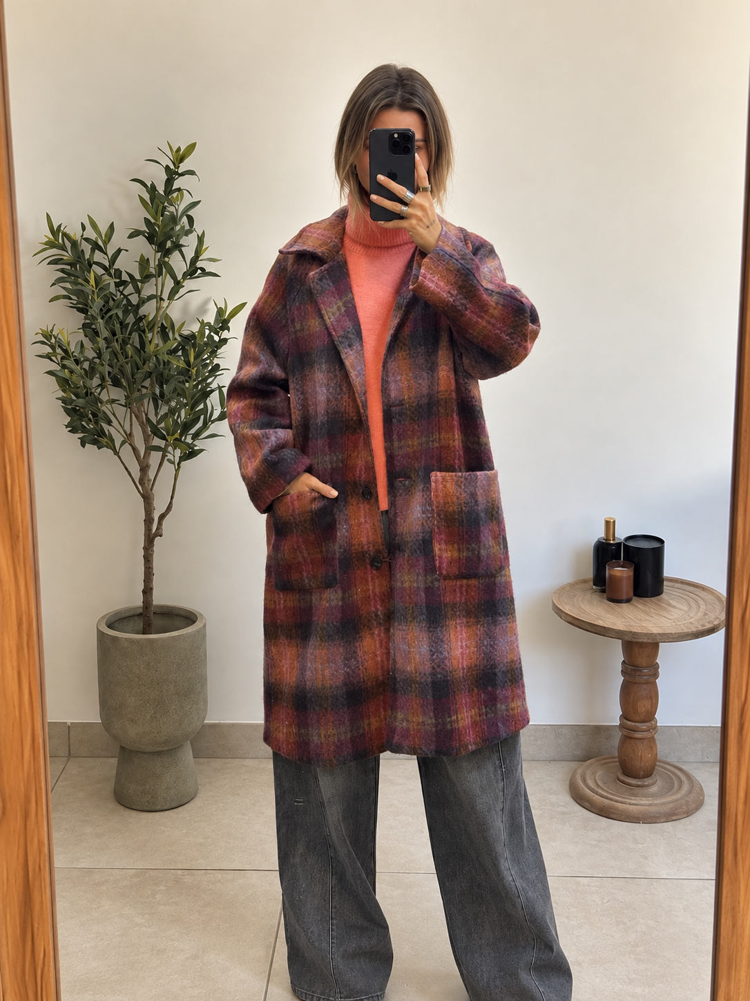 Manteau Maëline à carreaux multicolores et doublure fleurie