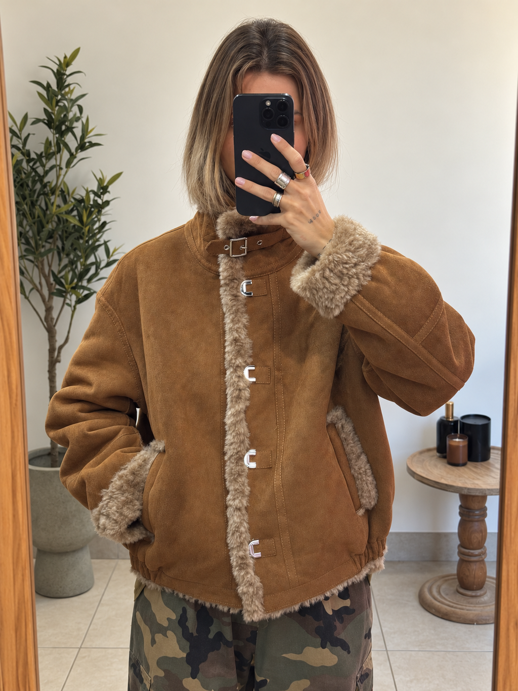 Veste Azélie cognac à col montant et boucle réglable