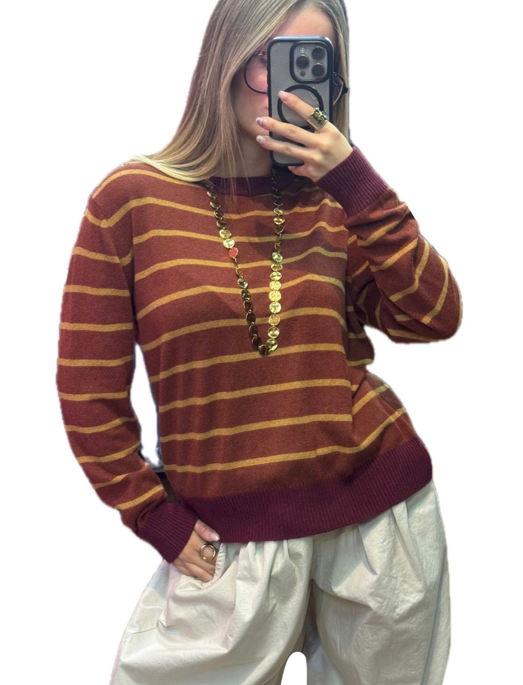 Pull femme rayé rouille et moutarde