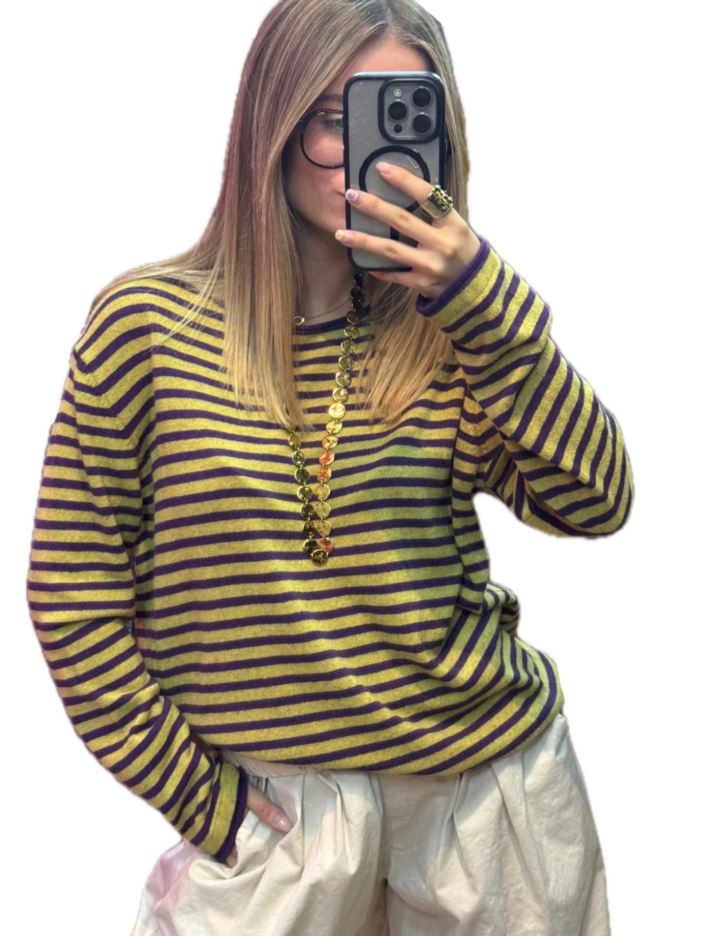 Pull femme rayé kaki et violet