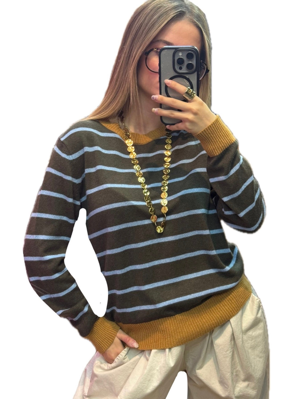 Pull femme rayé kaki et bleu ciel