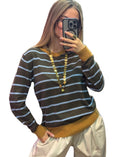 Pull femme rayé kaki et bleu ciel