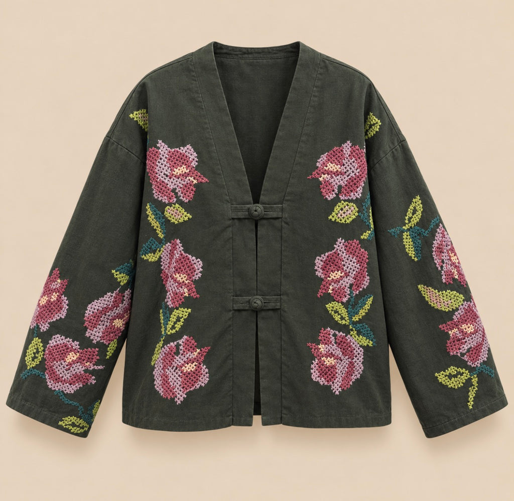 Kimono vert kaki à broderies florales