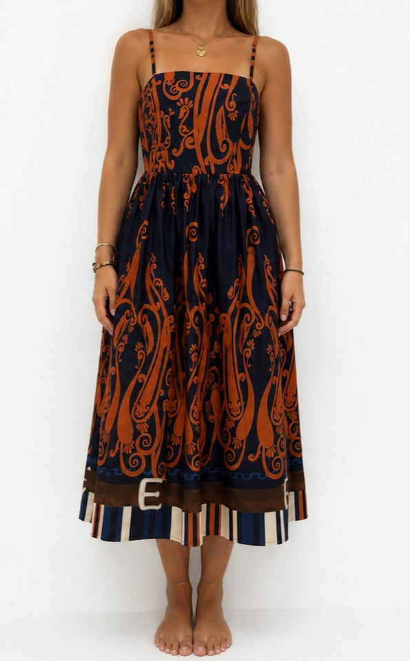 Robe Longue Femme Marine et Terracotta