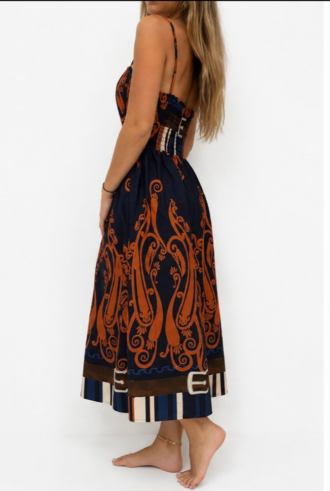 Robe Longue Femme Marine et Terracotta