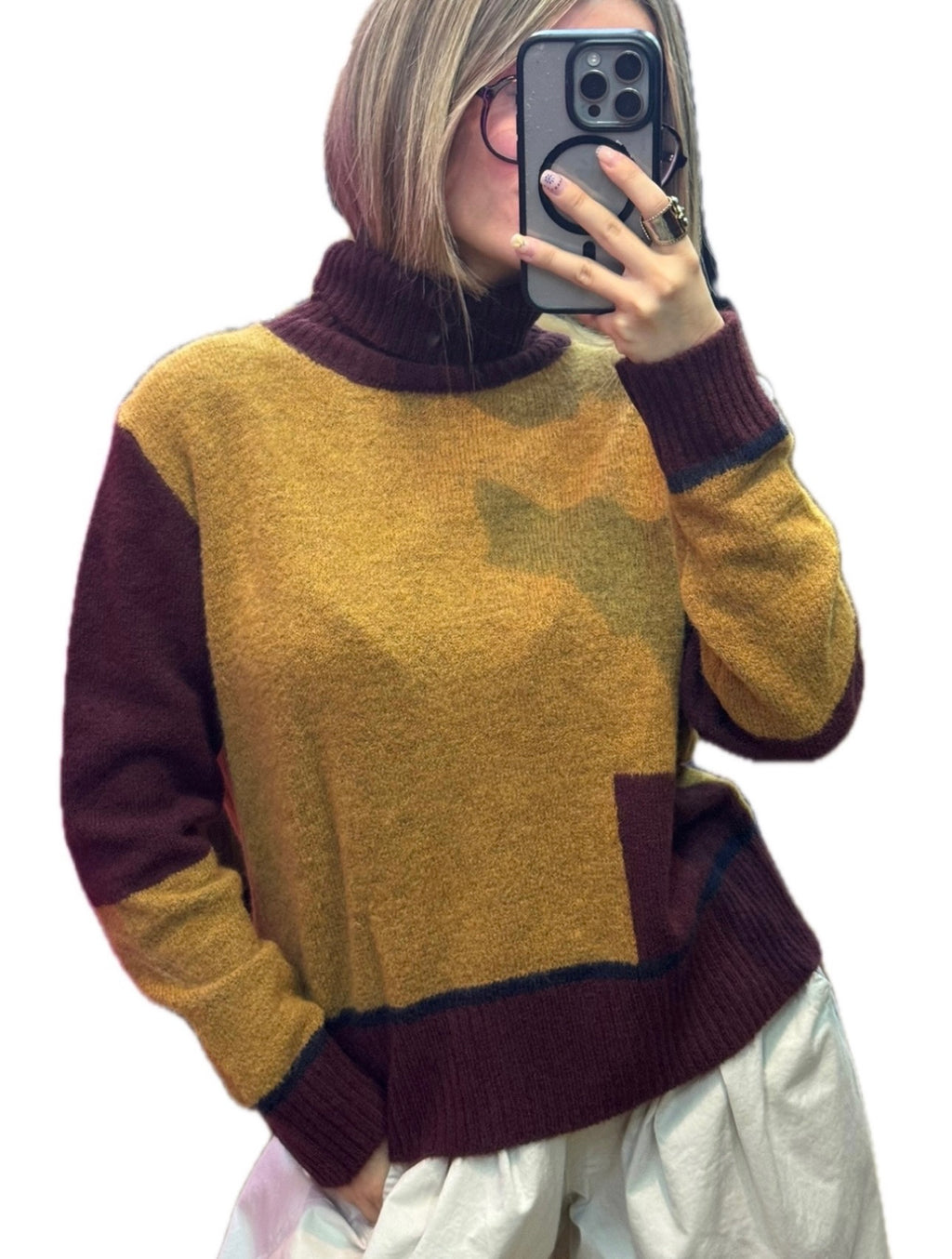 Pull femme col roulé graphique moutarde et bordeaux