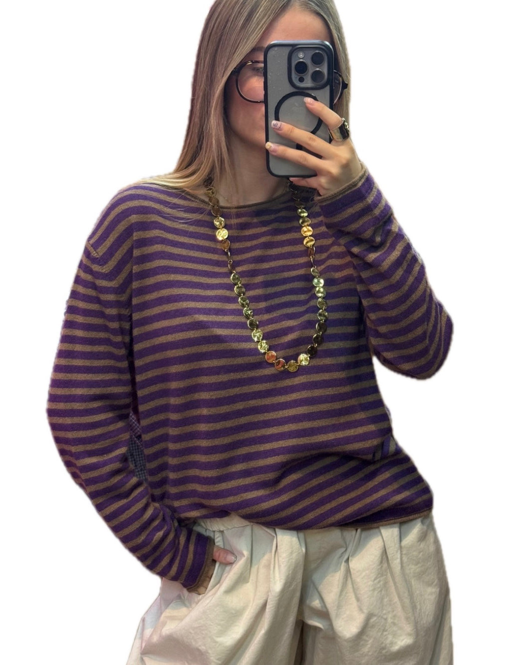 Pull femme rayé violet et taupe