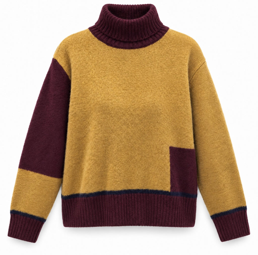 Pull femme col roulé graphique moutarde et bordeaux