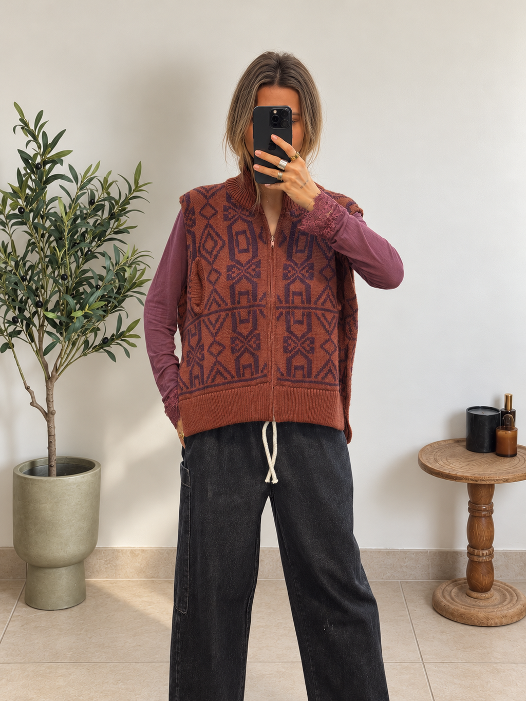 Gilet Orélia terracotta et prune à fermeture zippée