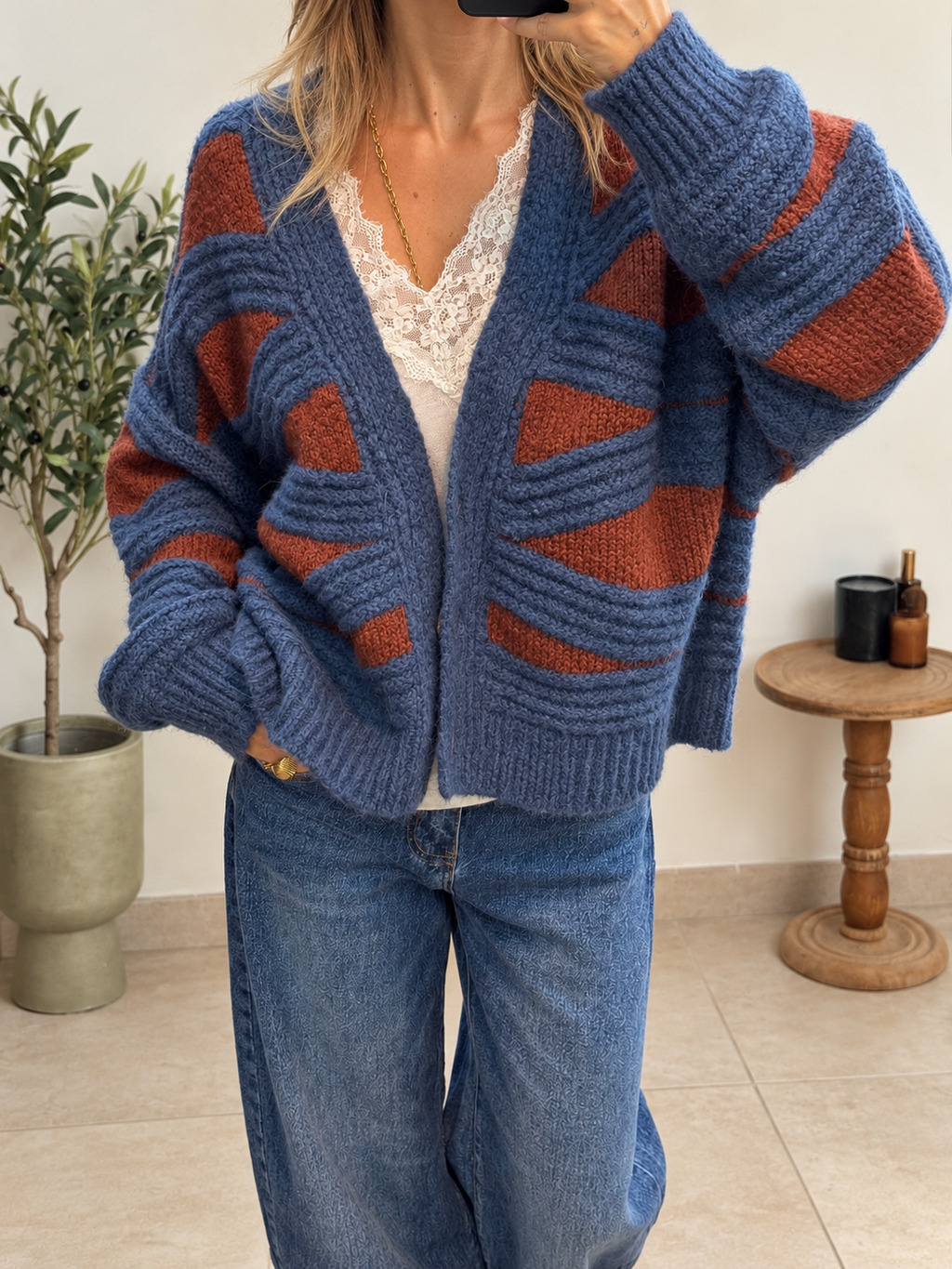 Gilet Méliane – Bleu et terracotta