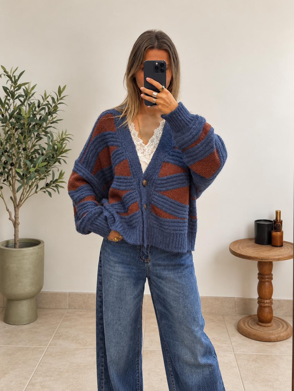 Gilet Méliane – Bleu et terracotta