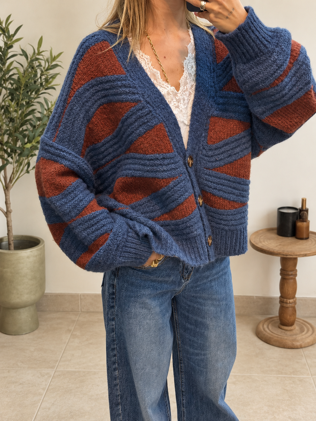 Gilet Méliane – Bleu et terracotta