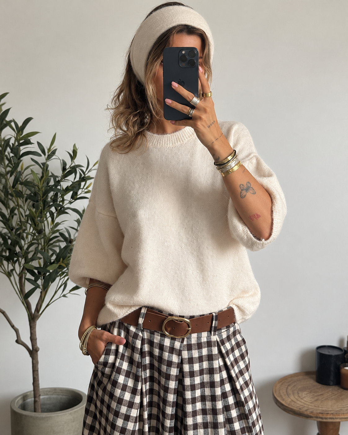 Pull Aveline écru à coupe ample et maille duveteuse