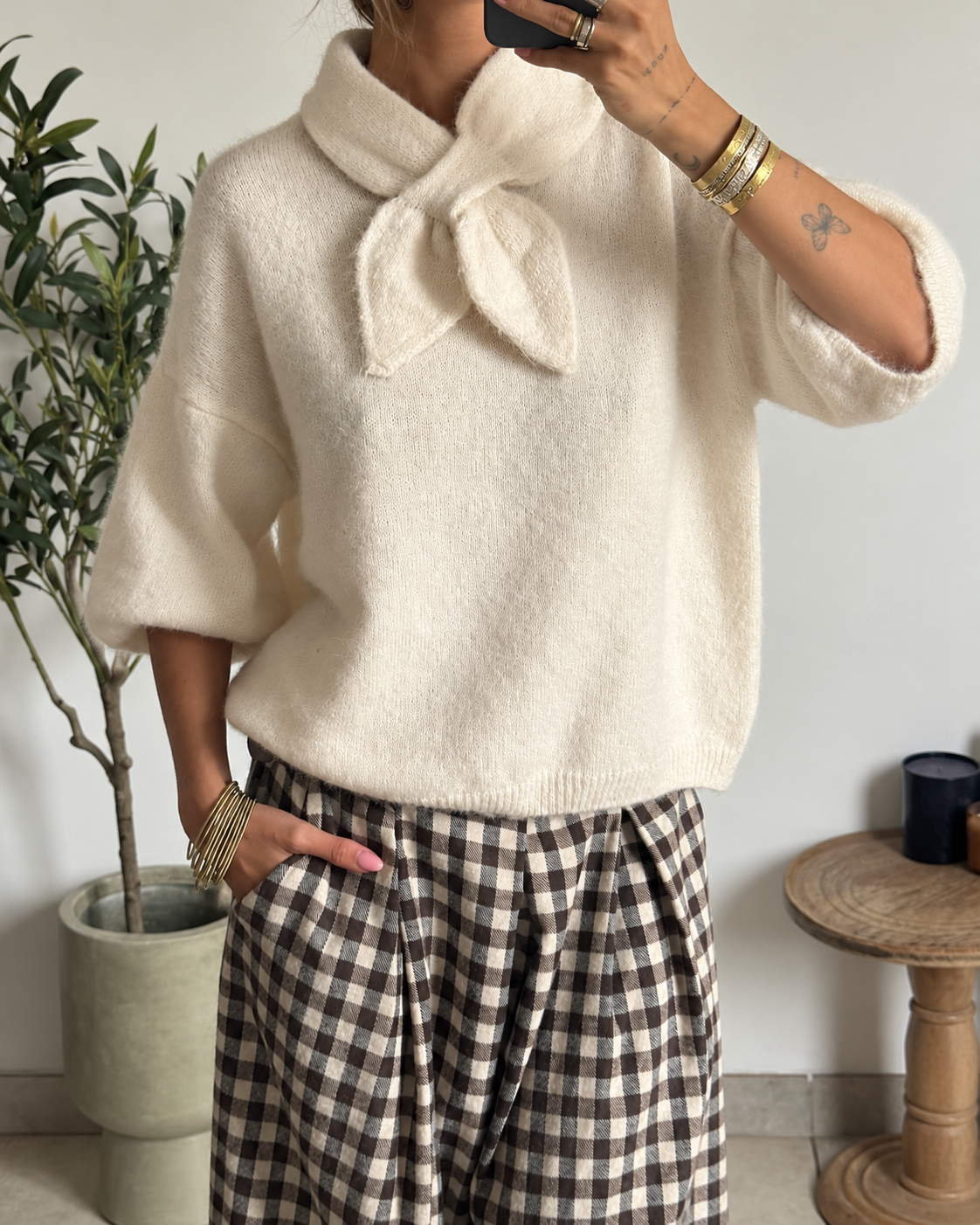 Pull Aveline femme écru à manches trois quarts bouffantes