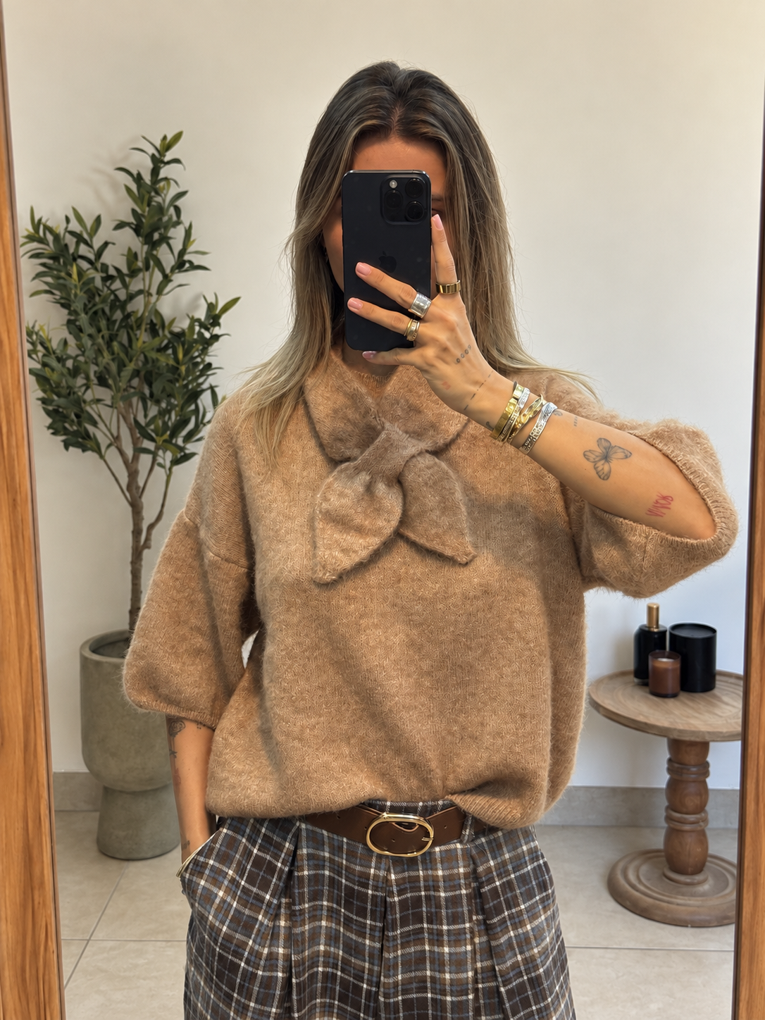 Pull Aveline camel à manches trois quarts bouffantes
