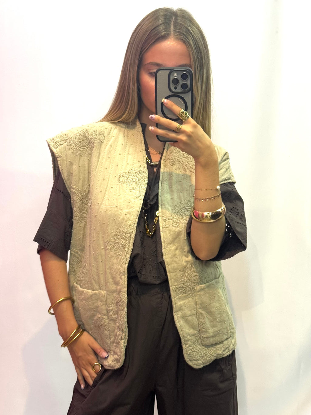 Veste Sans Manches Matelassé Femme Beige