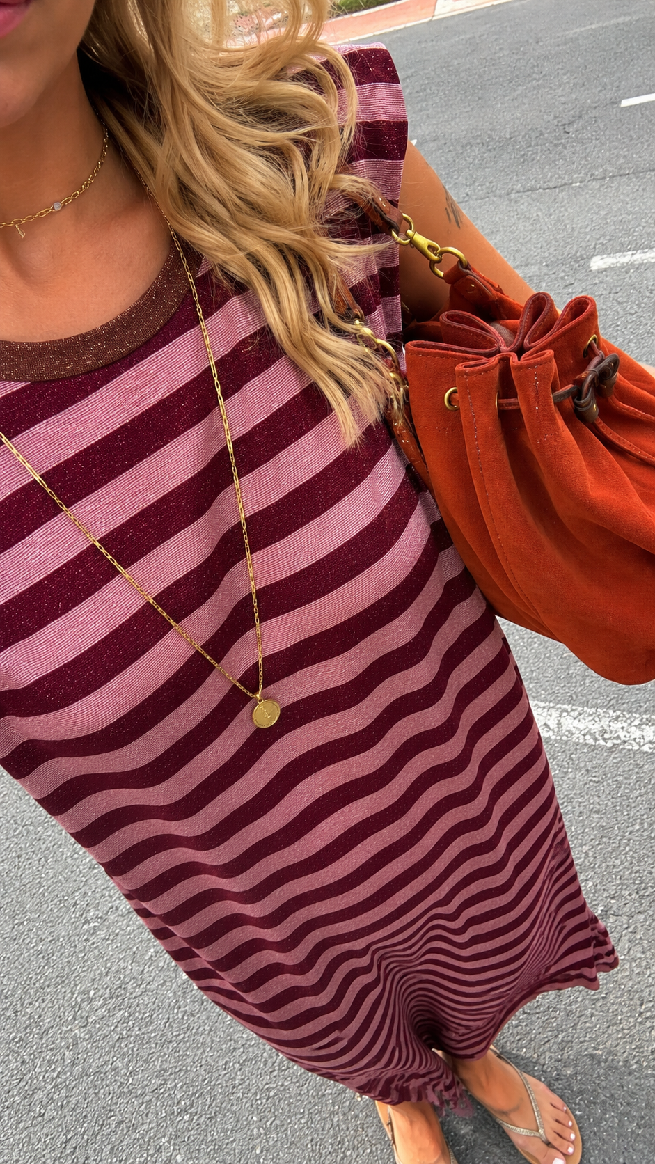Robe longue rayée rose & bordeaux à paillettes