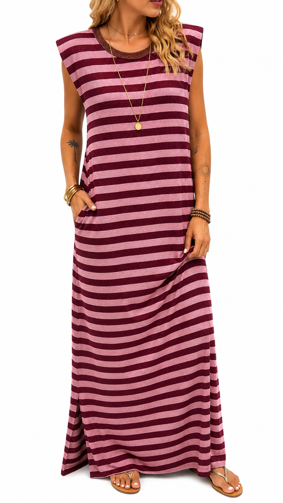 Robe longue rayée rose & bordeaux à paillettes