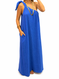 Robe longue asymétrique bleue – Épaule nouée