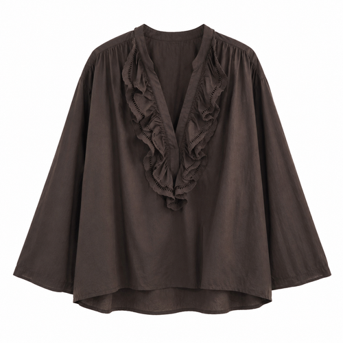 Blouse bohème marron foncé à volants femme