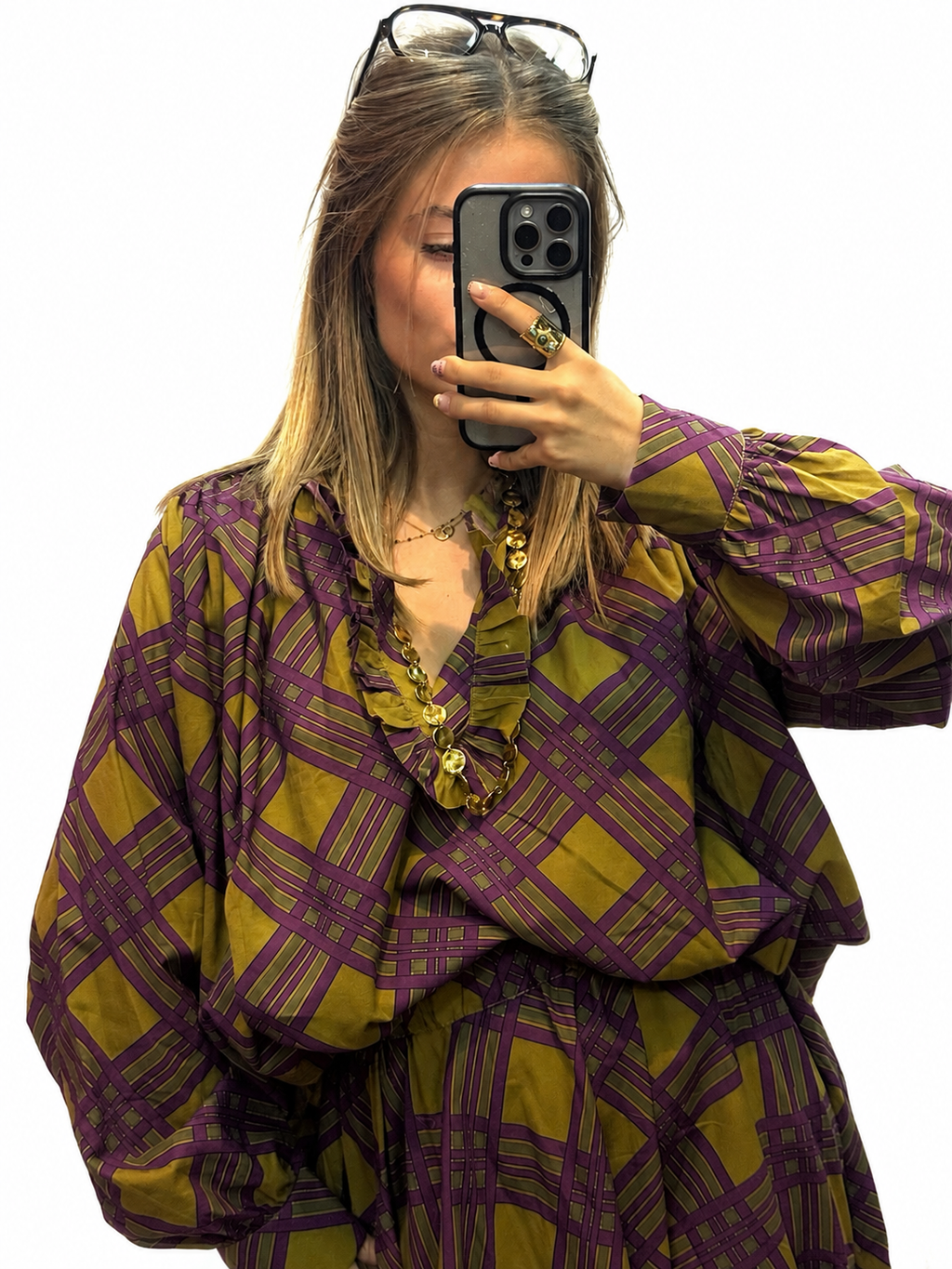 Blouse oversize kaki et violette à imprimé graphique