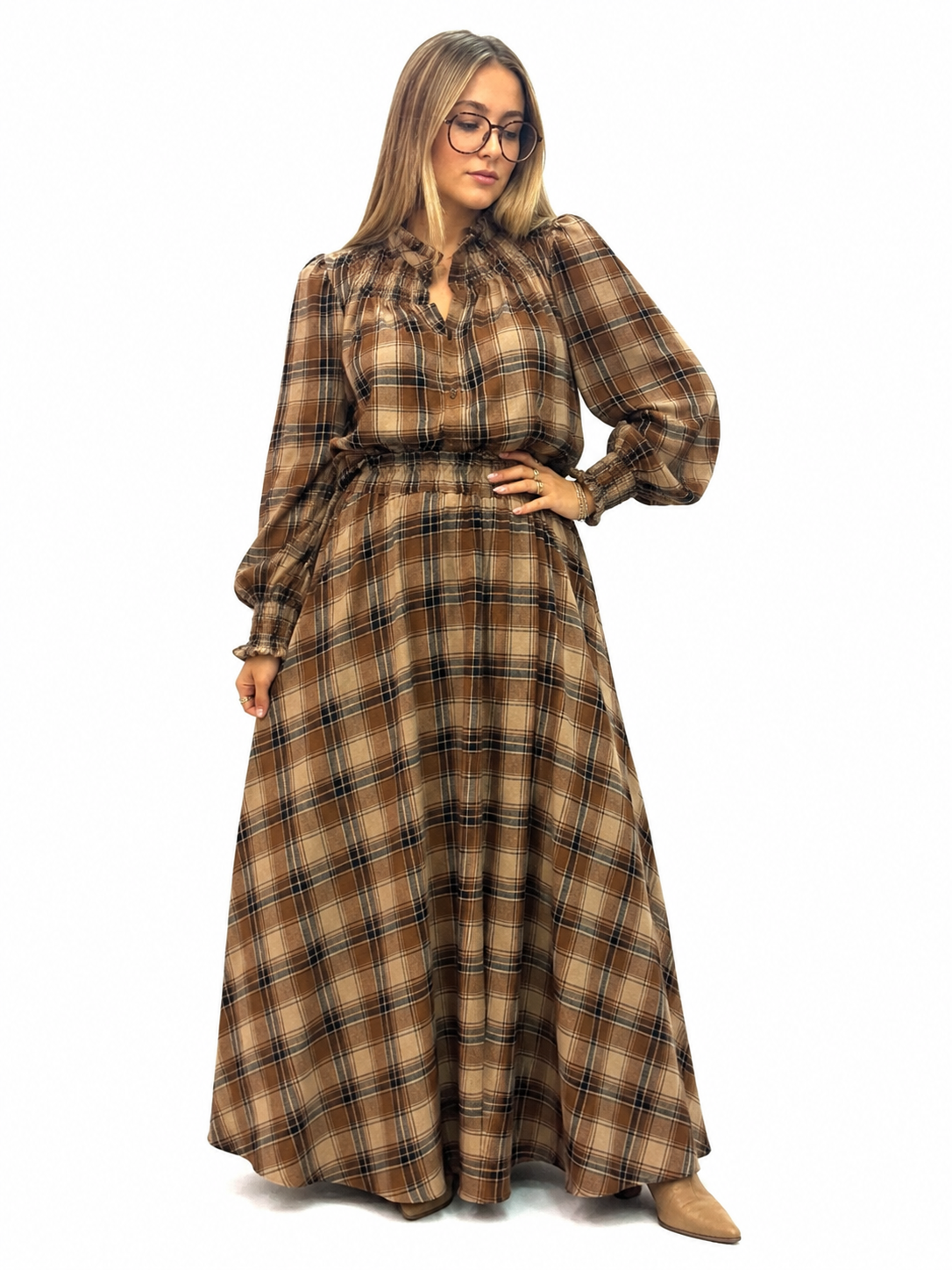 Jupe longue à carreaux beige et marron – Taille élastique