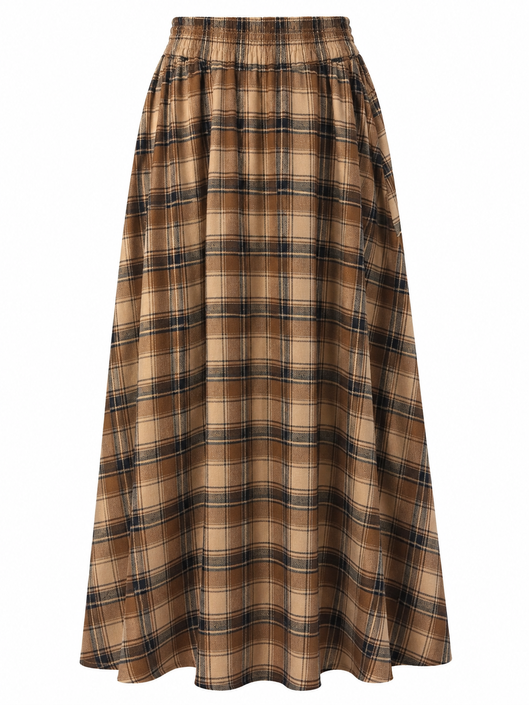 Jupe longue à carreaux beige et marron – Taille élastique