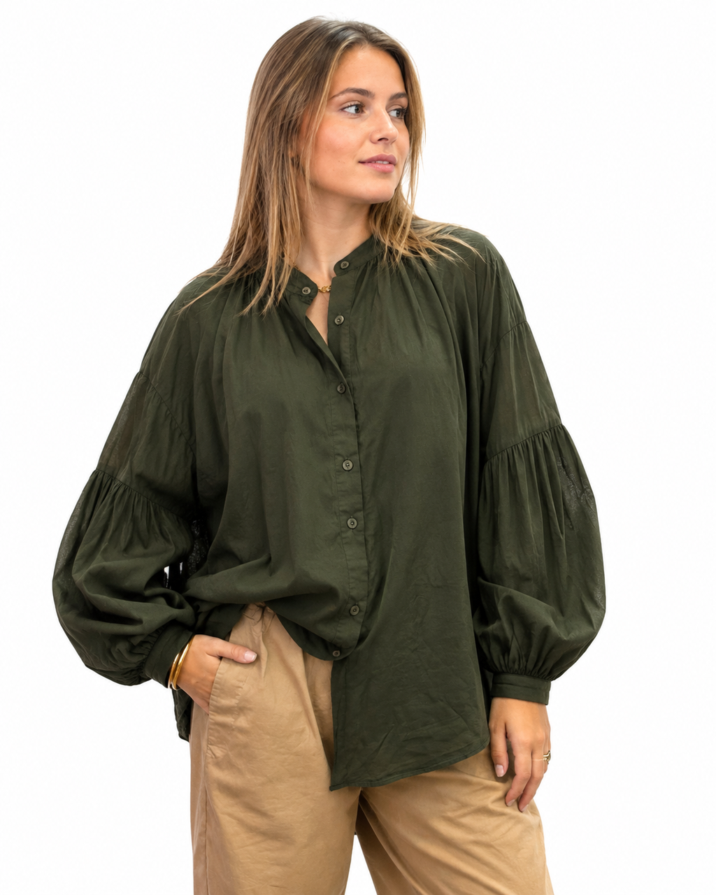 Chemise oversize kaki à manches ballon