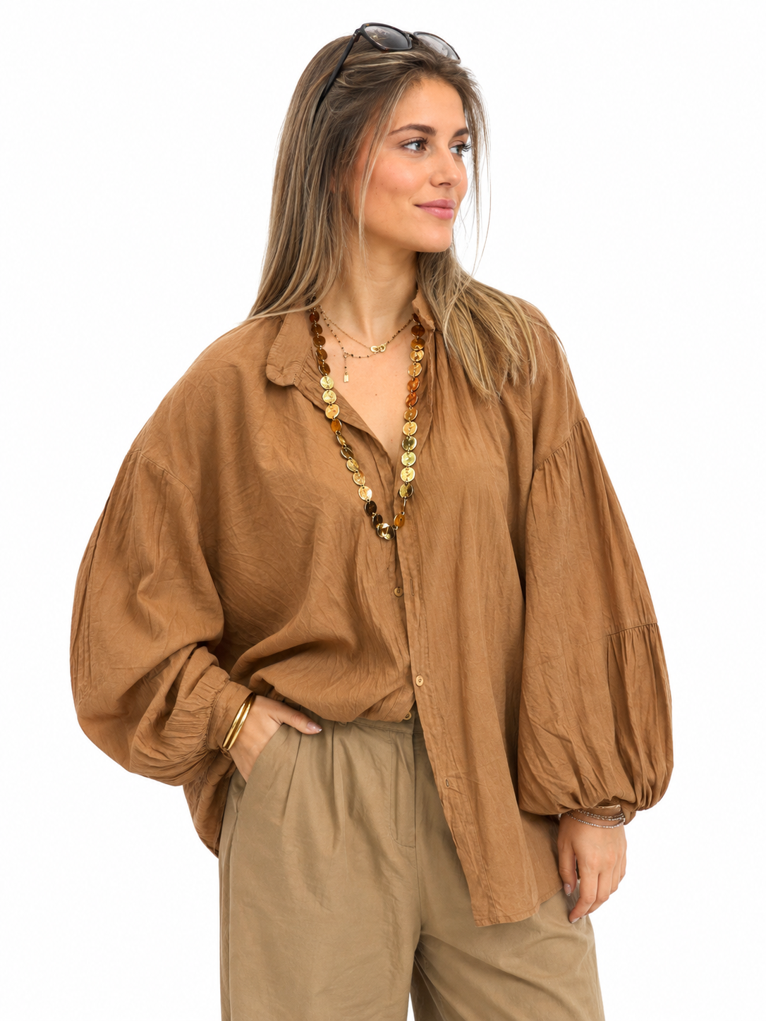 Chemise oversize camel à manches ballon