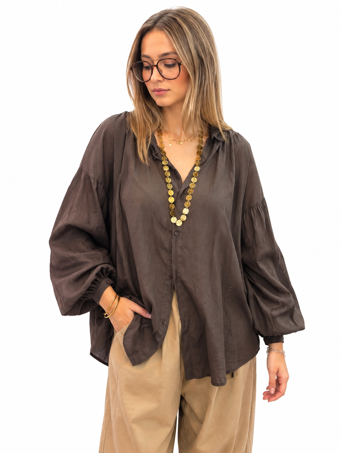 Chemise oversize marron chocolat à manches ballon